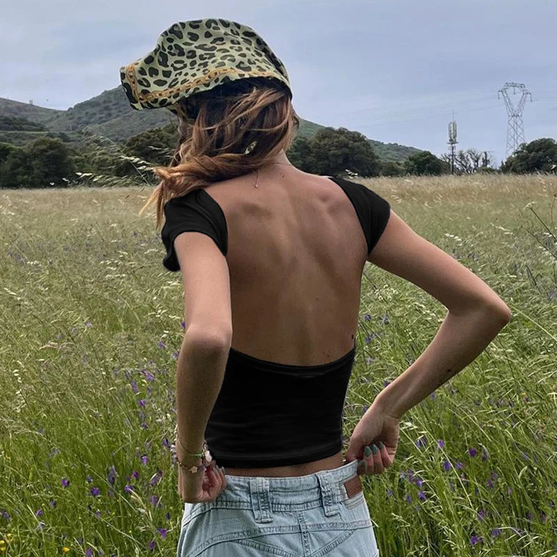 Backless Black Top Tee Short Sleeves Slim Crewneck Crop Shirts