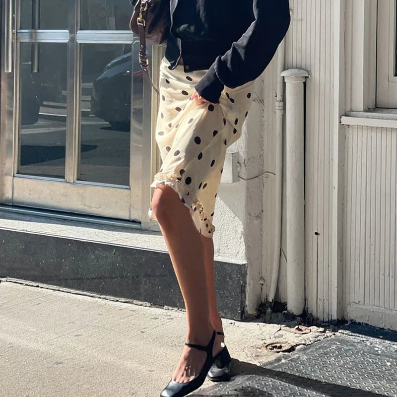 Beige Polka Dot Low Waist Midi Skirt