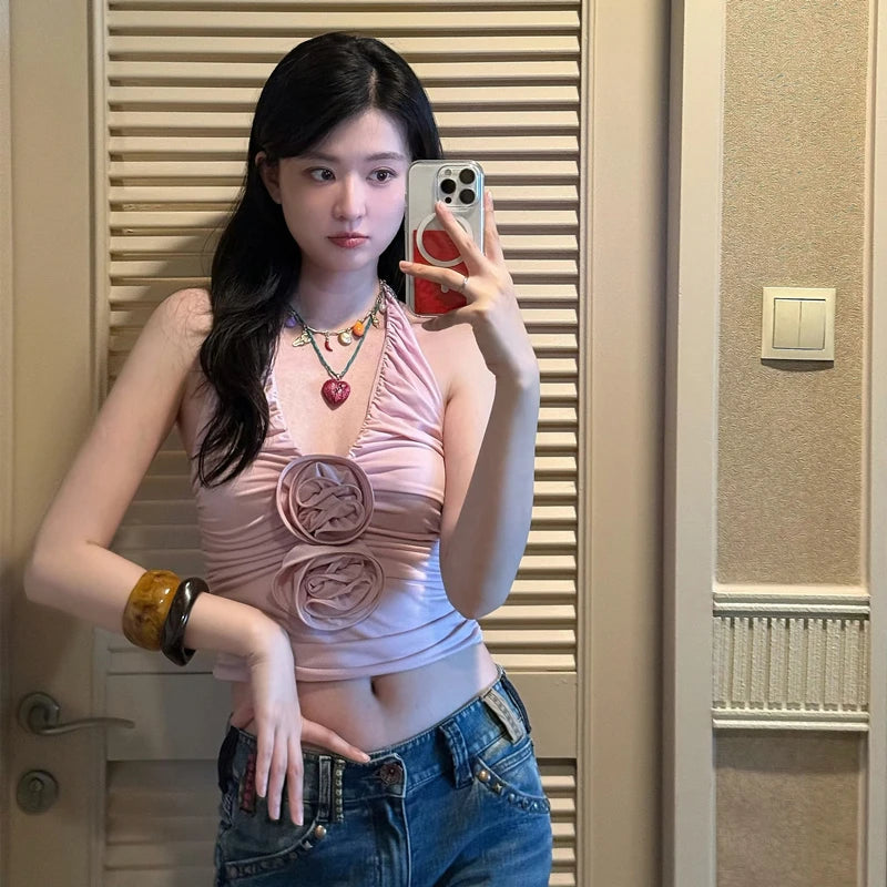 Pink V-Neck 3D Flower Top