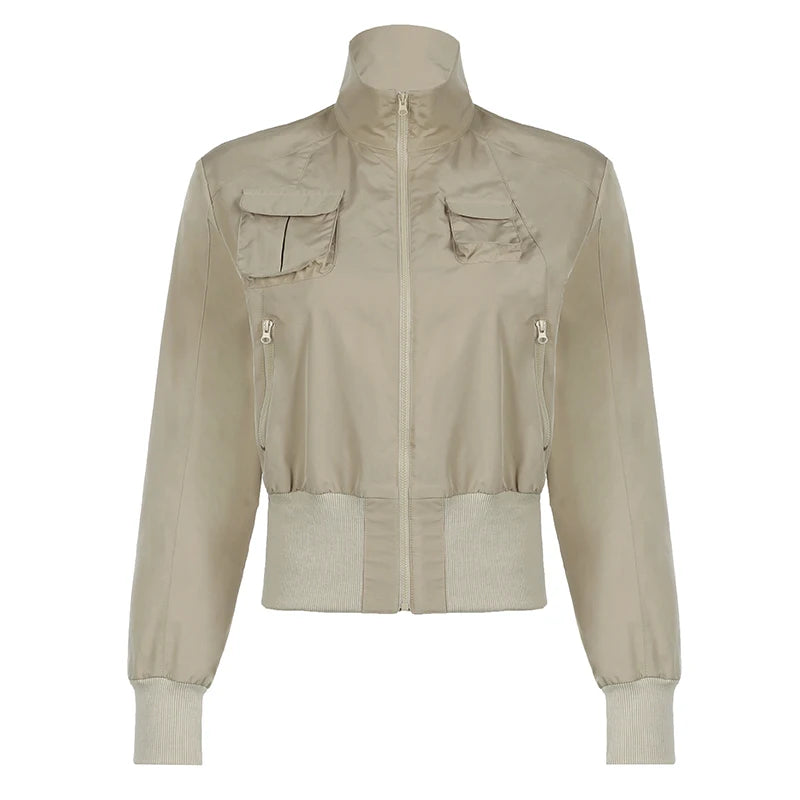 Patchwork Jackets Pockets Turn-down Collar 's Coats Zipper