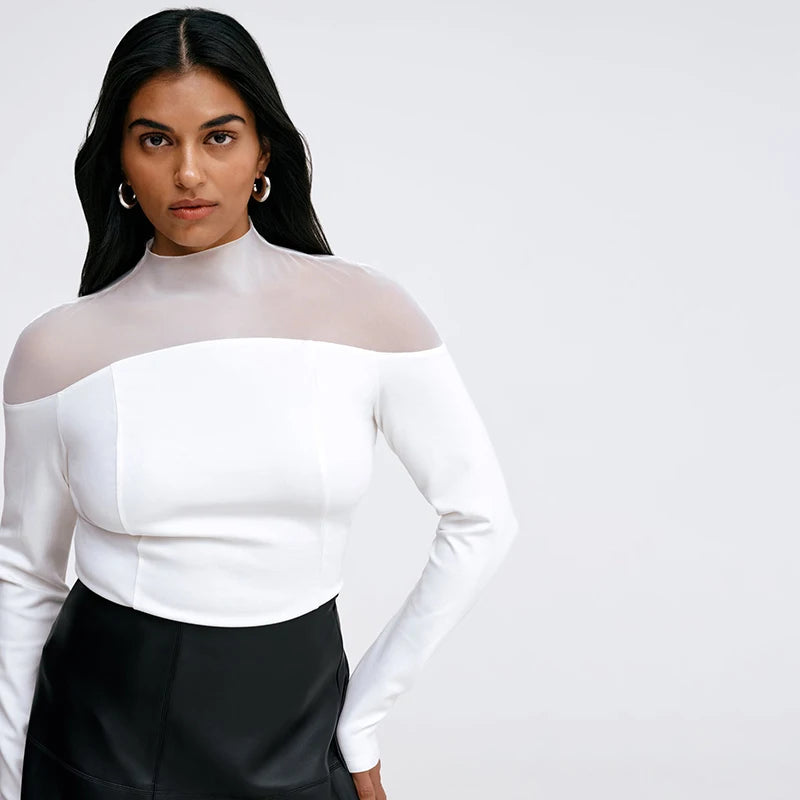 Meh Patchwork Slim Long Sleeve Bottom Top See-Through Shoulder Pullover Top