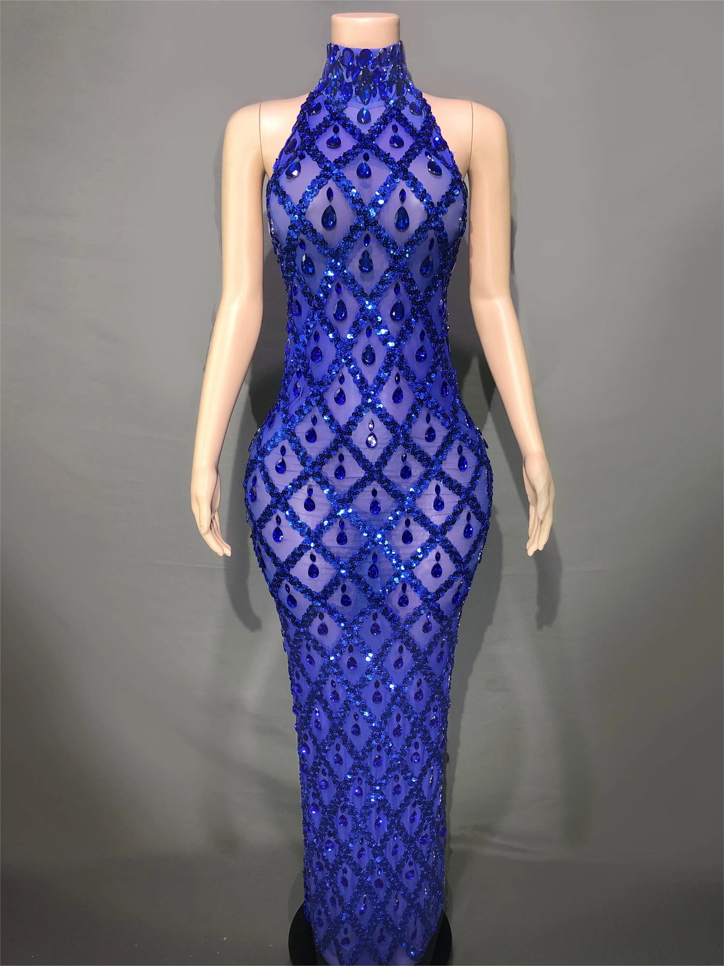 Sparkly Sequins Crystals Long Dress Prom Birthday Dress Transparent Performance Costume Show Stage Wear