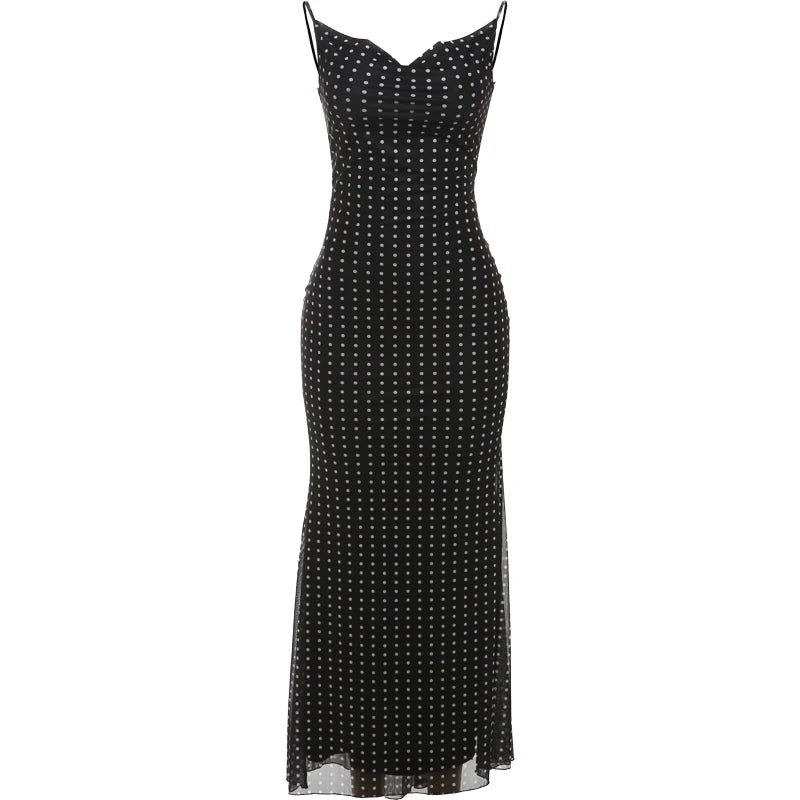 Polka Dot Print Dress Mesh Double Deck Backless V-Neck Street Skinny