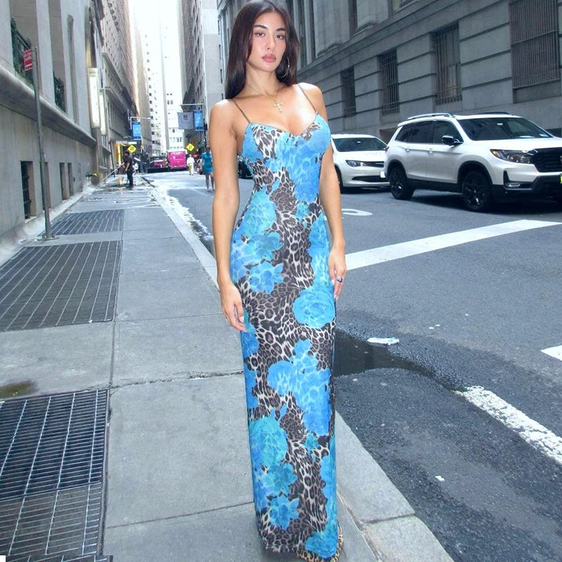 Blue V Neck Backless Bodycon Maxi Dress