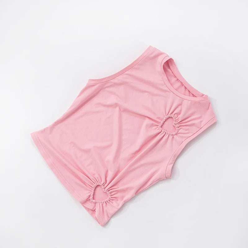 'S Color Irregular Pleated Waisted Loving Hollow Out Round Neck Vest tie Girls heart