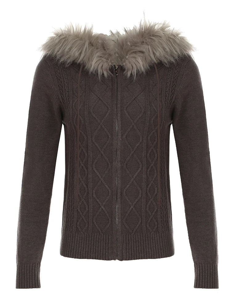 Zip Up Hoodie Coat 's Jackets Kintted Cardigan Twist Grain Fur Neck