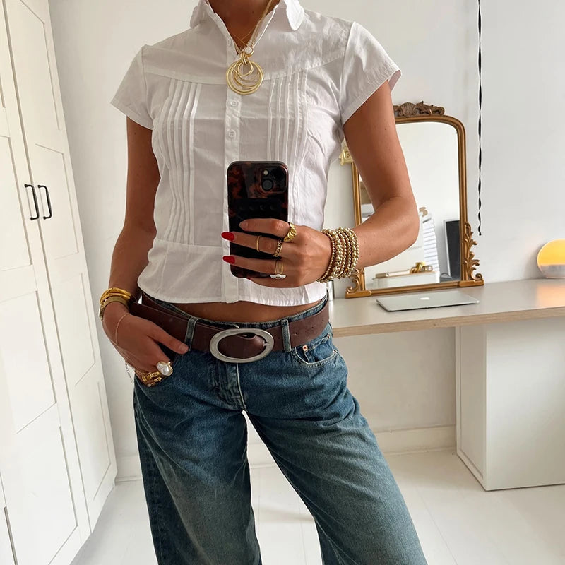 Turn-Down Collar Button-Up Corset Blouse 's Tee Shirt Short Sleeve Top