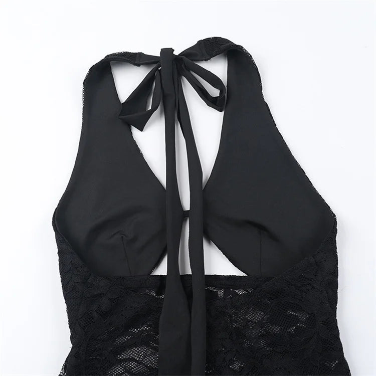 Lace Sheer Mini Dress Halter Bandage Backless V-neck Embroidered Patchwork Bodycon Robe