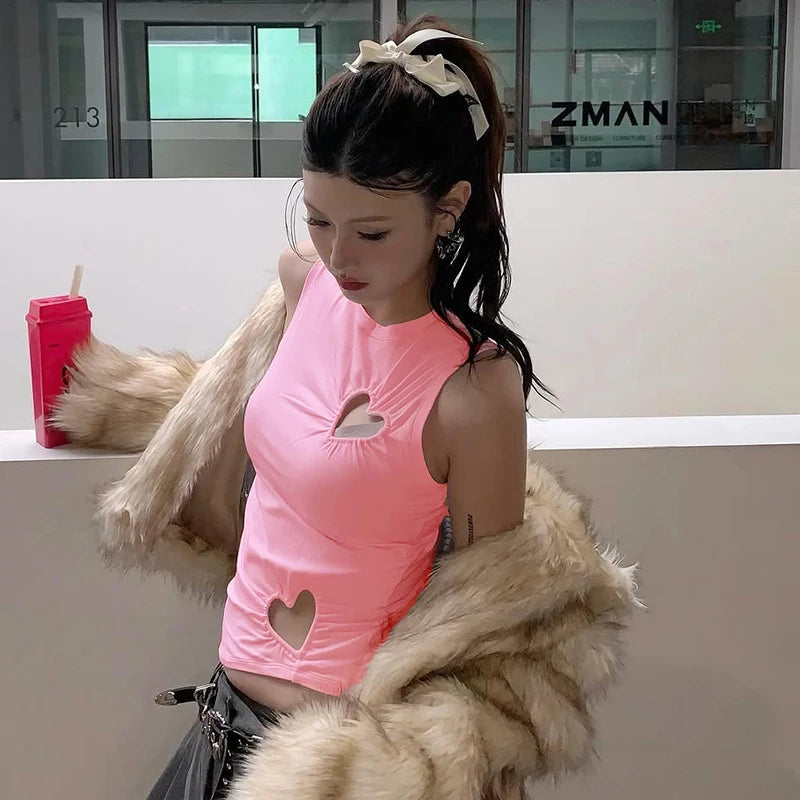 'S Color Irregular Pleated Waisted Loving Hollow Out Round Neck Vest tie Girls heart