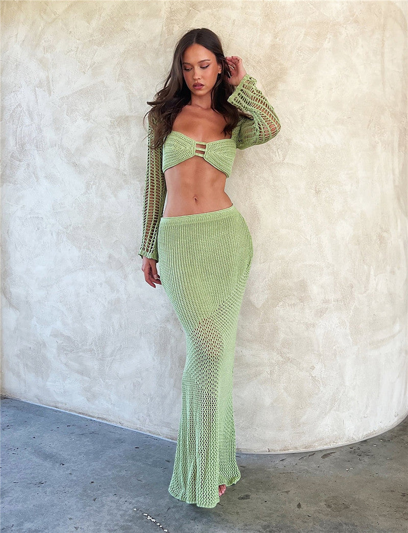 Crochet Knit 2 Piece Skirt Set Hollow Out Crop Top Long Sleeve Backless Tie Up Bodycon Dress