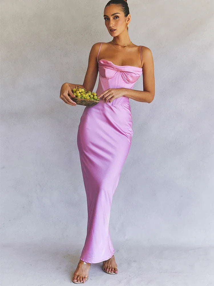 Satin Maxi Bodycon Dress Event Night Wedding Guest Dress Corset Dress Pink Slit Dress High Quality