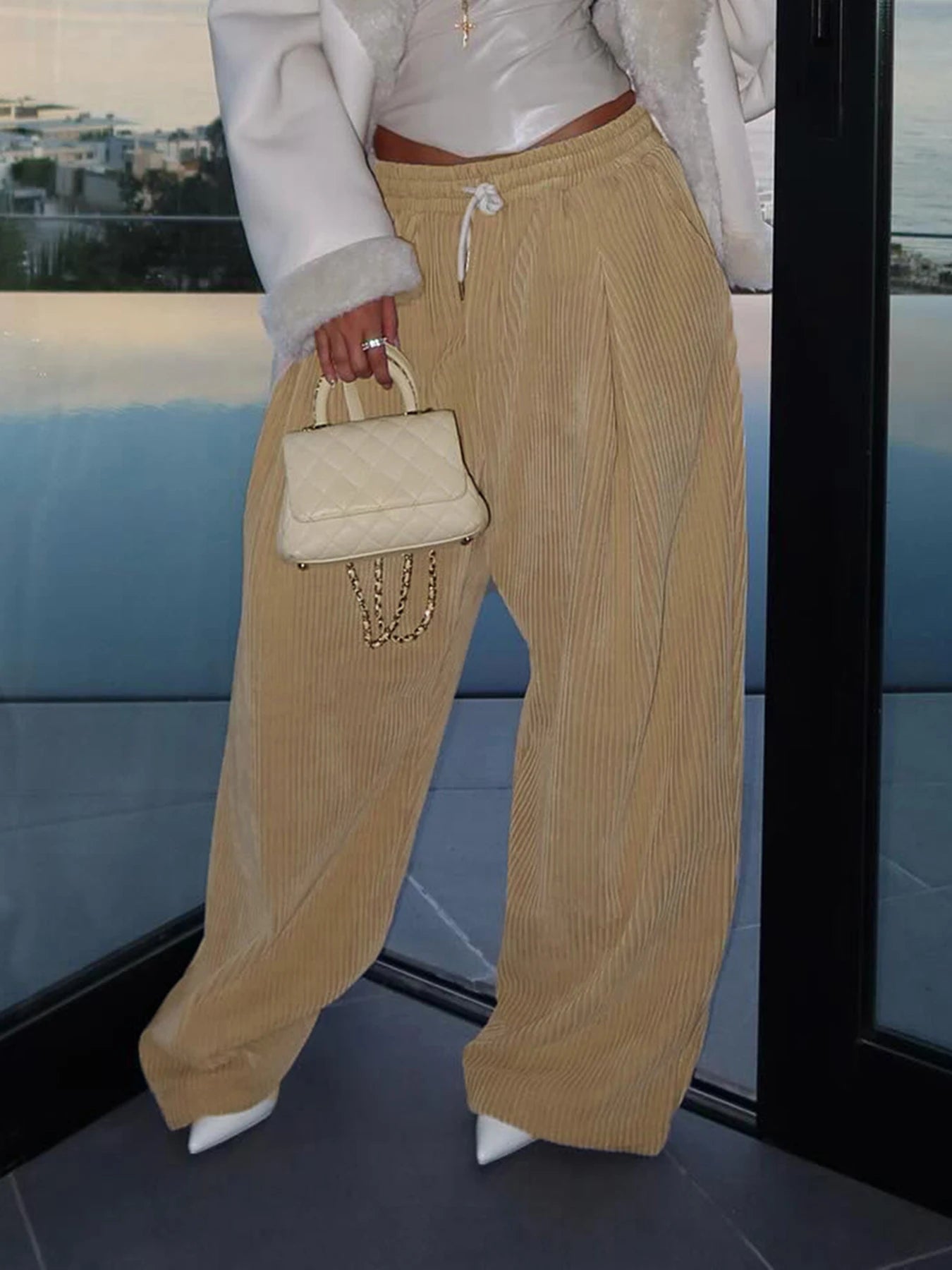 Baggy Corduroy Pants Drawstring Wide Leg Trousers Retro Bottoms