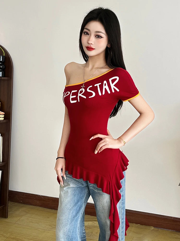 Incline Shoulder Letter T-hirt Ruffle Splice Tael Tee Top