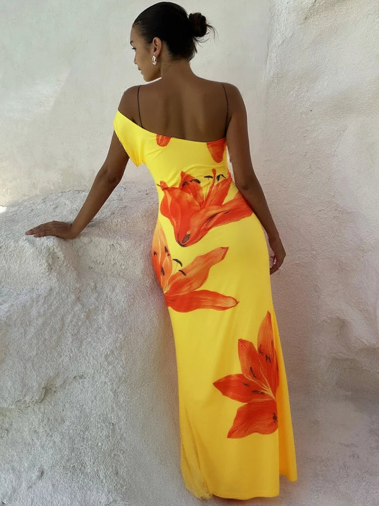 Incline Shoulder Dress Panell Sleevele Maxi Bodycon