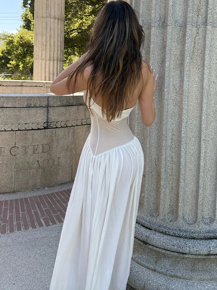 White Mesh Sheer Halter Backless A-Line Maxi Dress