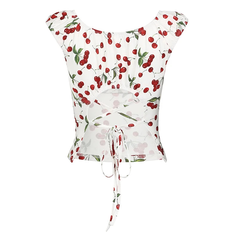 Print Backless Crop Shirts Short Sleeves Crewneck Tee Top