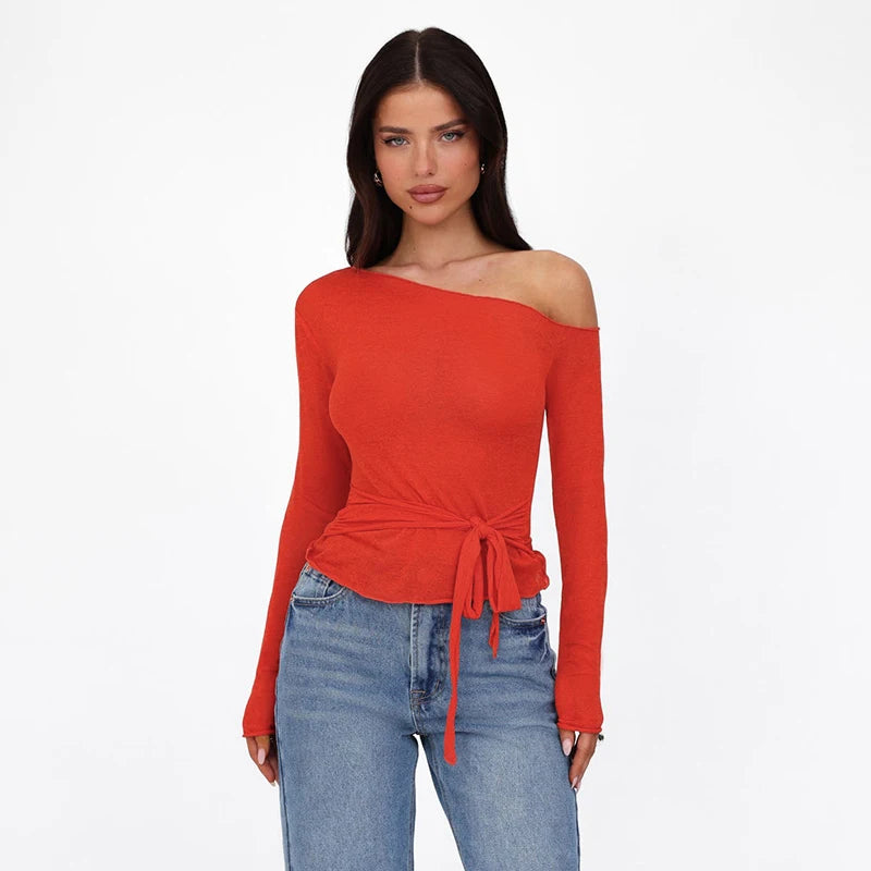 Off Shoulder Long Sleeve T Shirt Bandage Crop Top