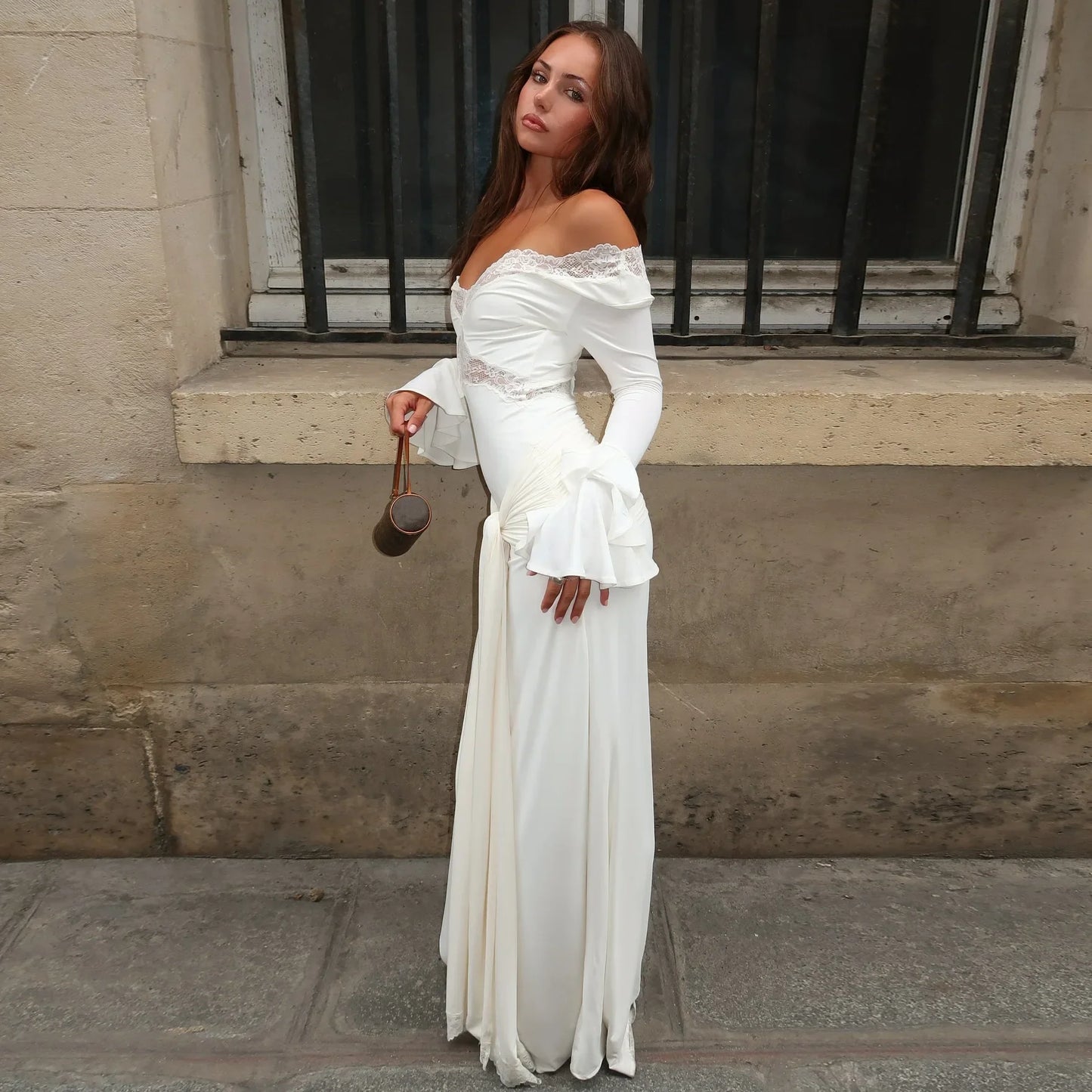 White V-Neck Lace Flare Sleeves Maxi Dress