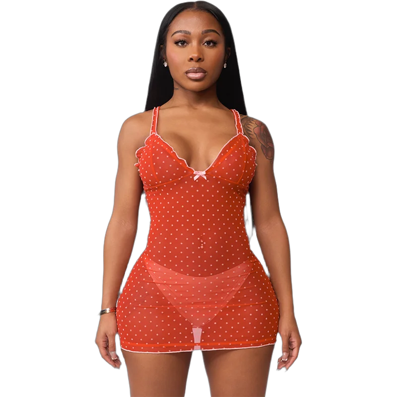 'S Spring And Polka Dot Mesh See-Through Halter Bow V-Neck Rolled Edge Hip Dress