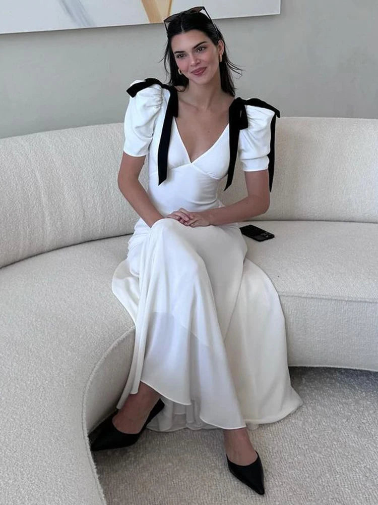 White Lace-Up Long Dress with Black Bow