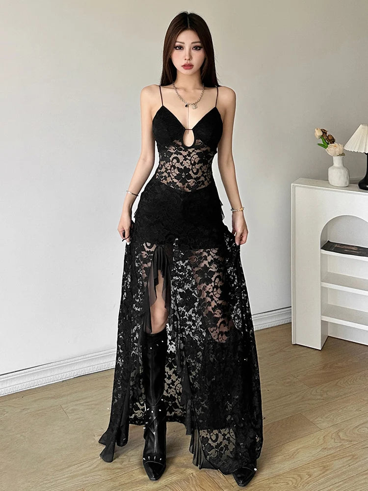 Black See Through Lace Slit Maxi Dress