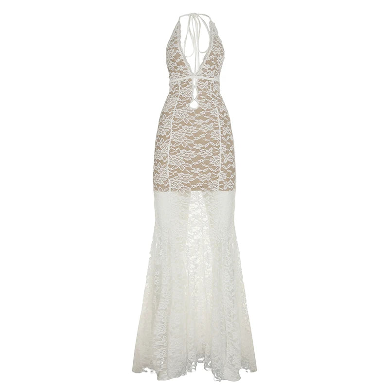 Hollow Out Lace Trumpet Dress Backless Deep V-Neck Sleeveless Maxi
