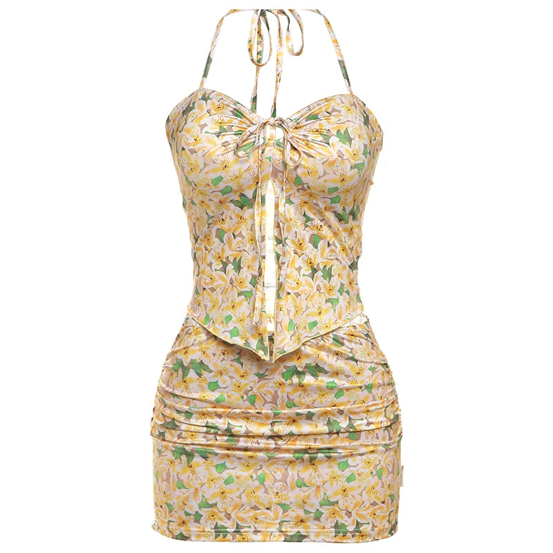 Floral Print Two Piece Set Halter Shirring Tube Camisole Peach Hip Skirt Sweet Matching Suits
