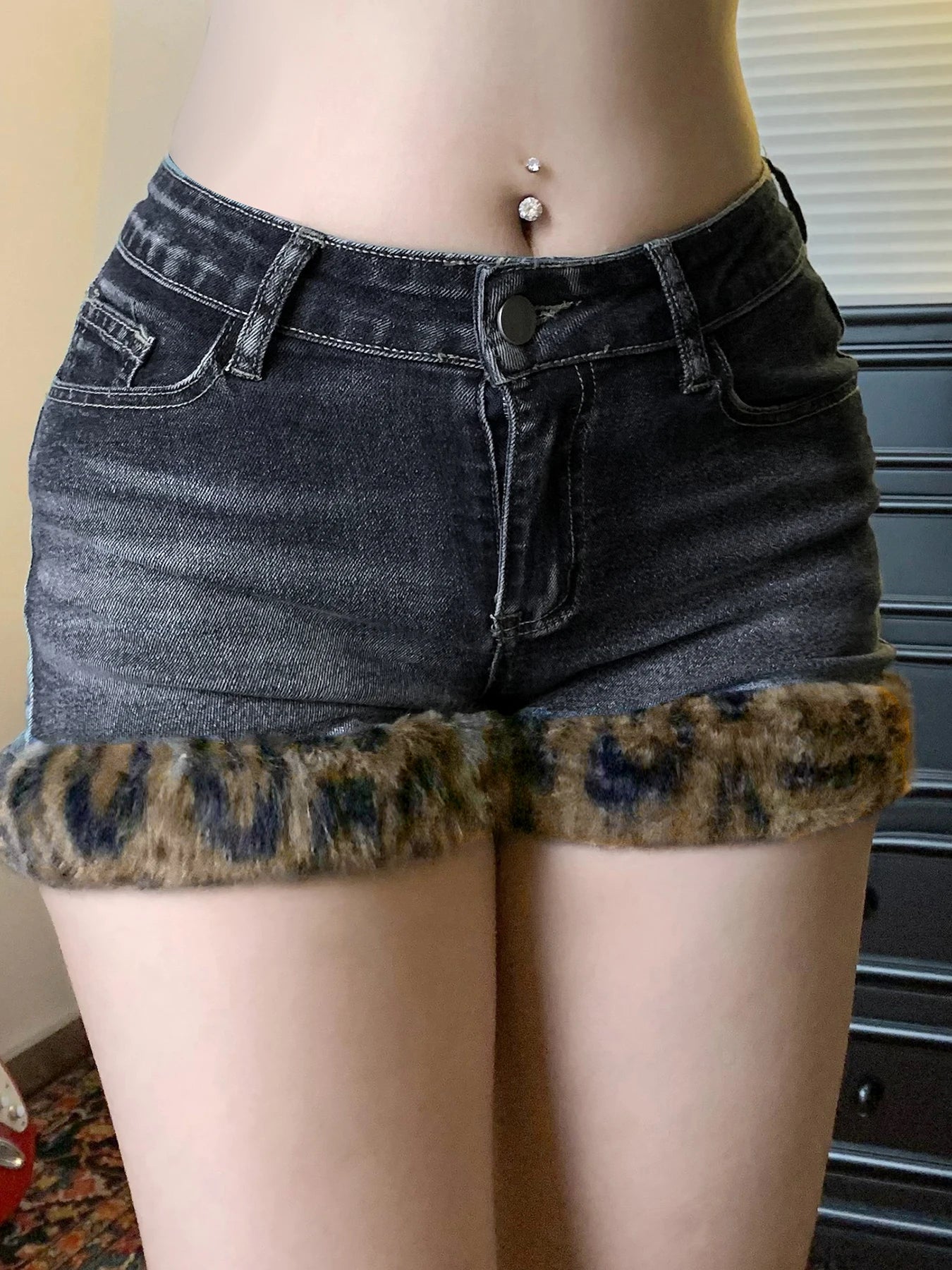 Low Waisted Button Up Mini Shorts Leopard Print Fur Patchwork Bottoms