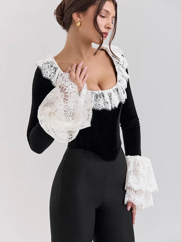 Square Collar Lace T-shirt Patchwork Flare Sleeve Short Tops Femme Slim French Street