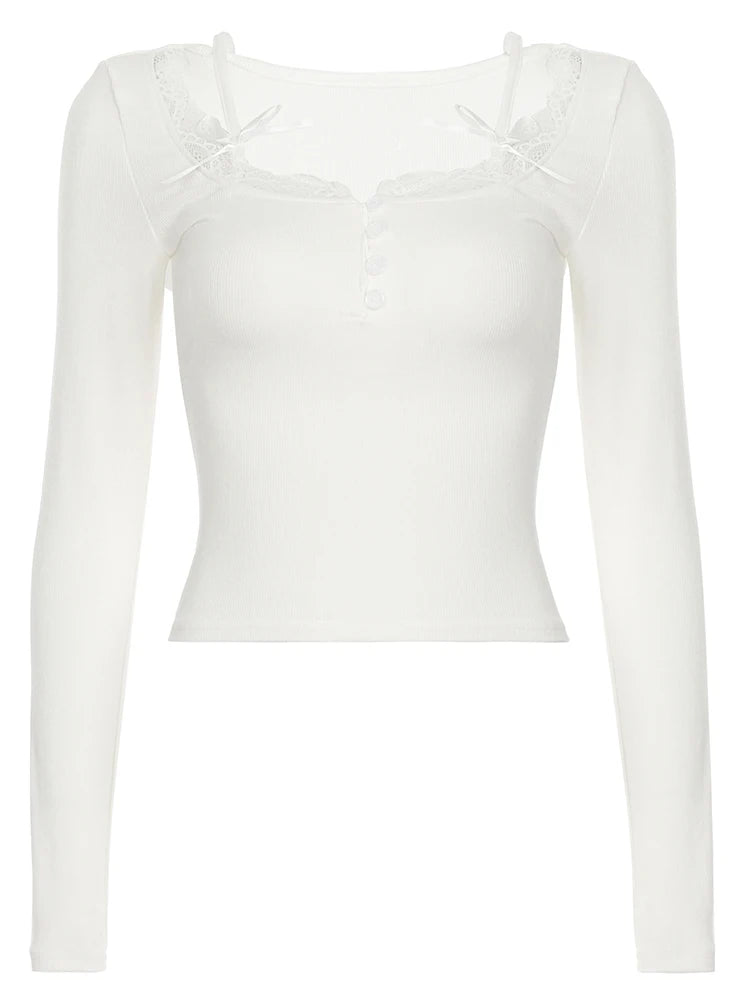 Lace Patchwork Bows Button T-shirts Square Collar Long Sleeves Strap Retro