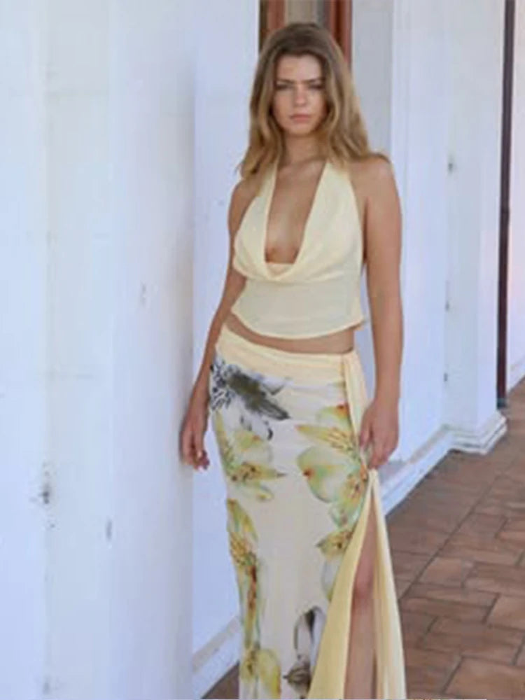 3 Piece Set Stack Halter Top Split Tassel Tassel Flowers Mesh Skirts Matching