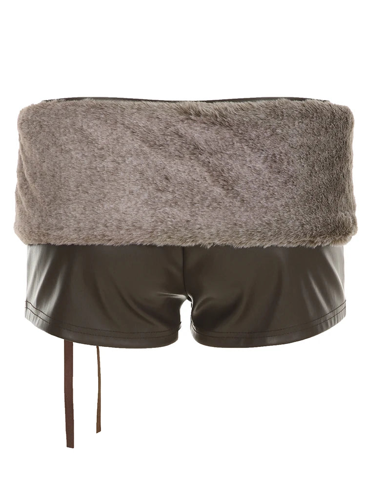 Low Waisted Mini Leather Shorts Furry Belts Waist Bottoms