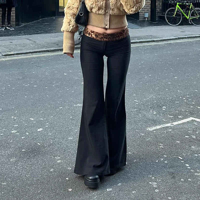 Leopard Print Patchwork Flare Pants Low Waisted 's Bottoms Retro Trousers