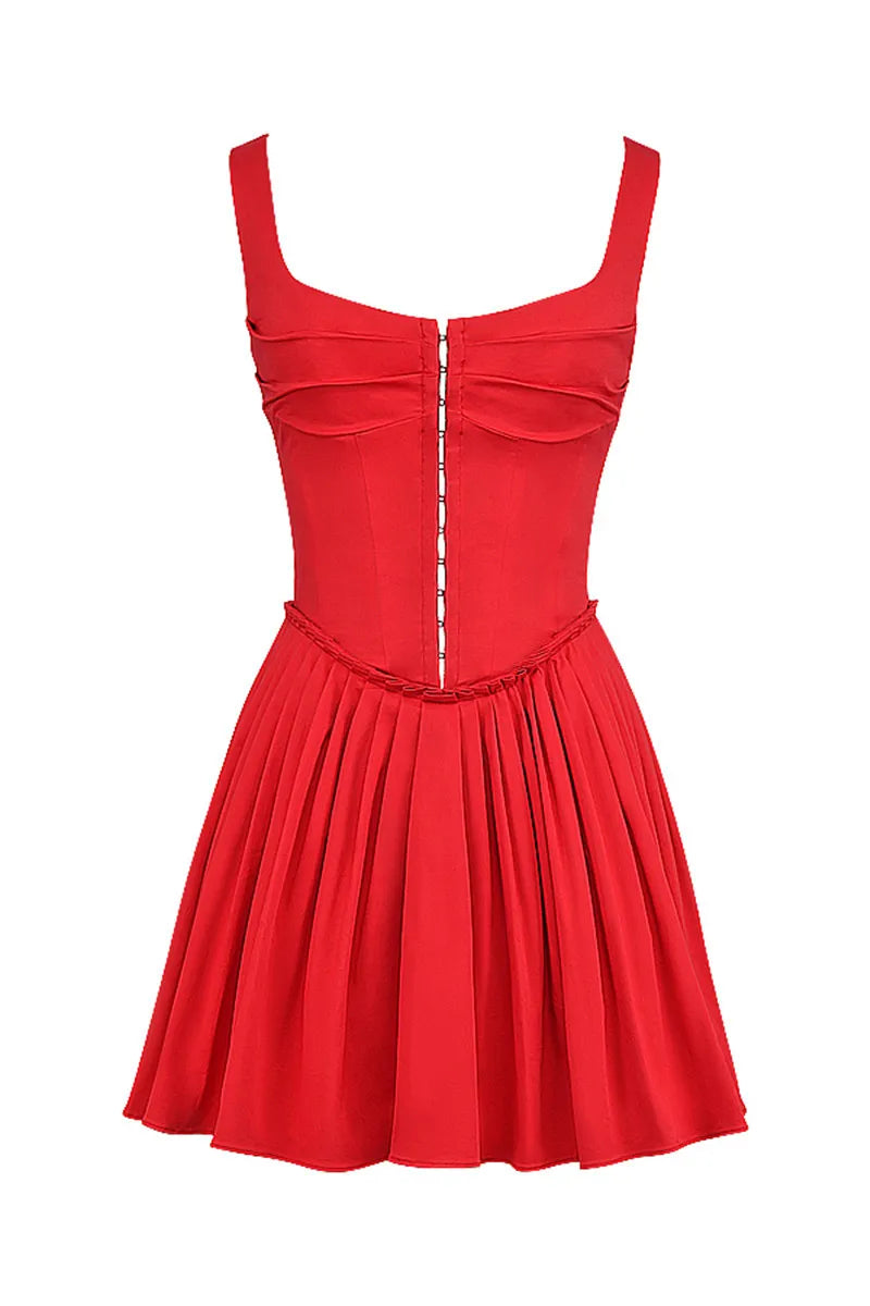 Red Sleeveless Mini Dress Square Collar Backless Corset Dress A-line Dress