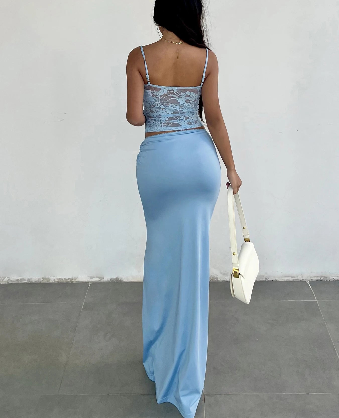 Blue See Through Top Low Waist Maxi Skirt Set