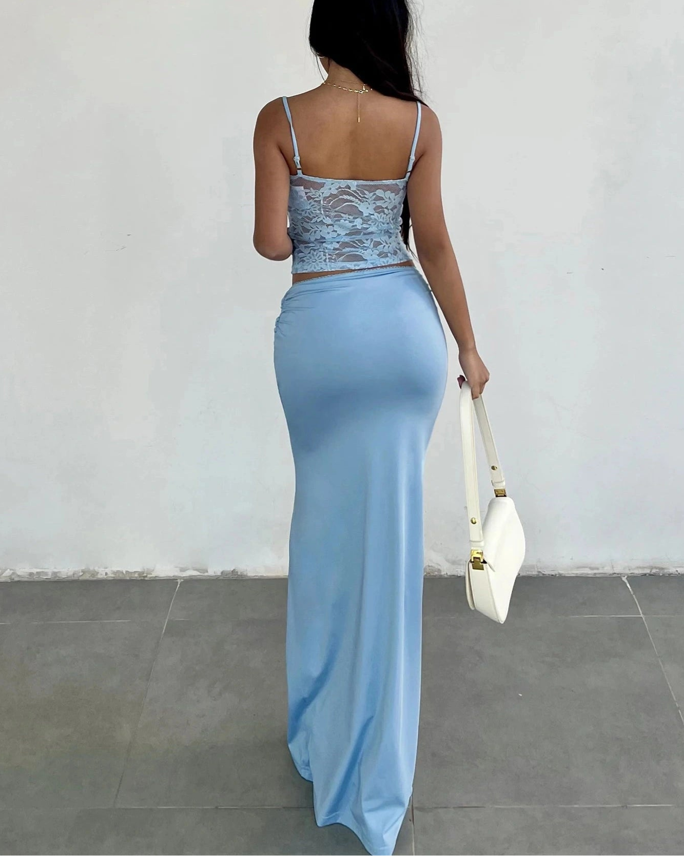 Patchwork Lace Dress Set See Through Sets Sleeveless Camis Top Low Waist Maxi Skirt
