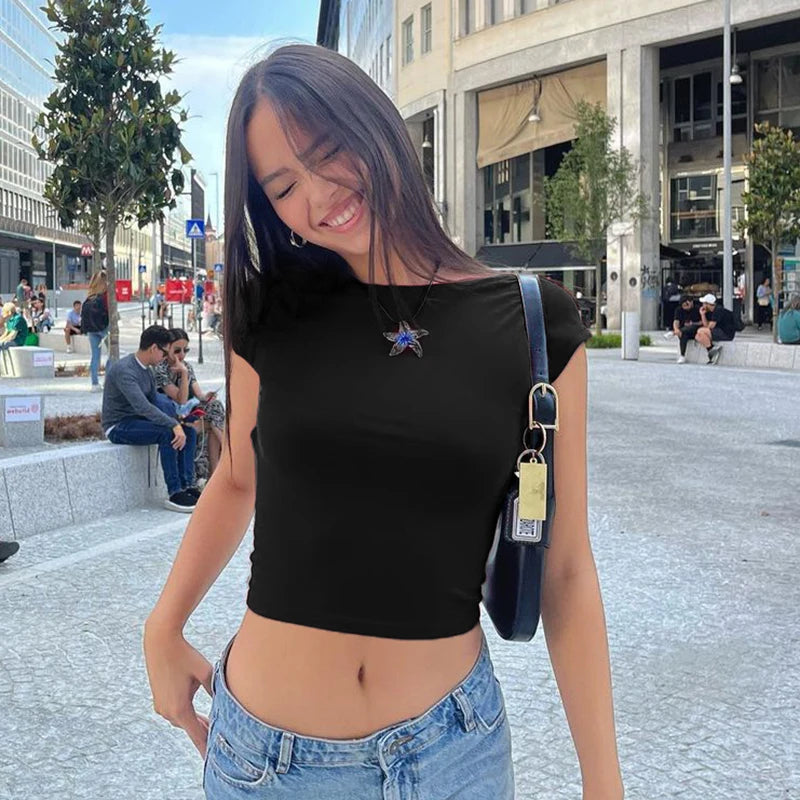 Backless Black Top Tee Short Sleeves Slim Crewneck Crop Shirts