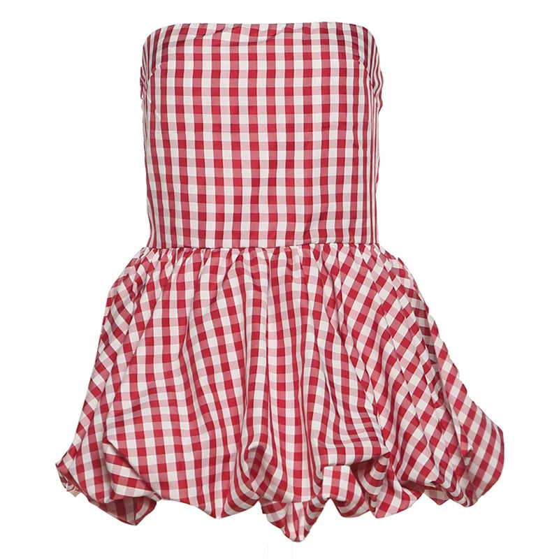 Plaid Corset Top Pleated Fluffy Hem Sleeveless Basic Street Backless Top