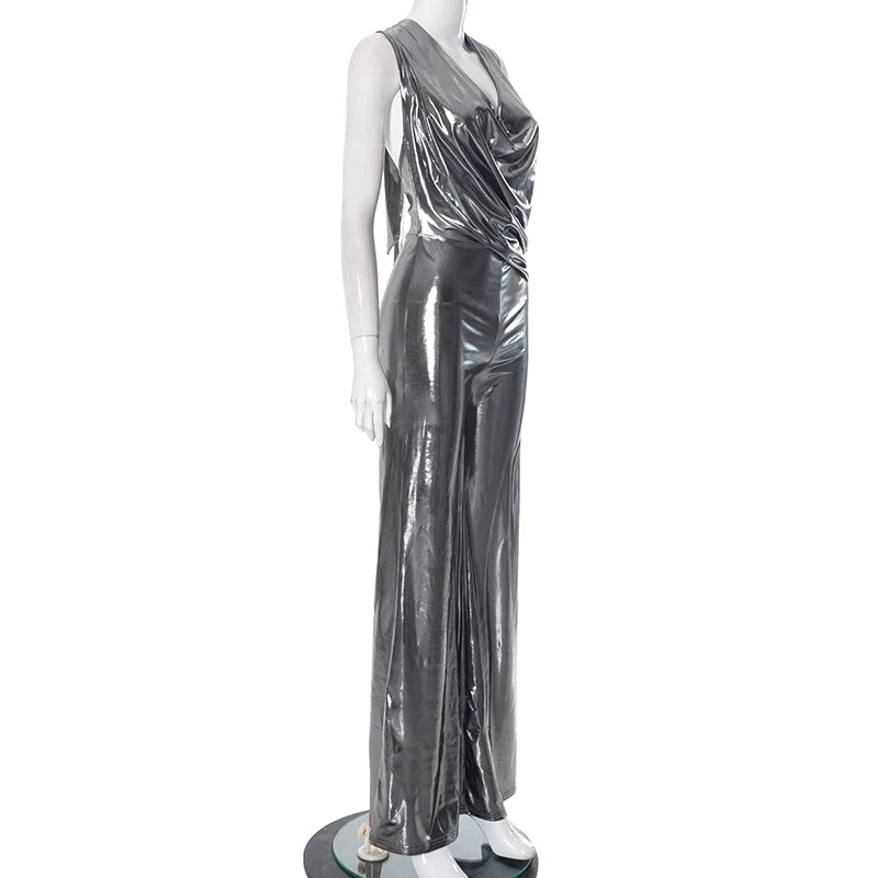 Metallic Jumpuit Micro Swing Collar Hanging Neck Strap Sleevele Big Backless One-Piece Flar Pant