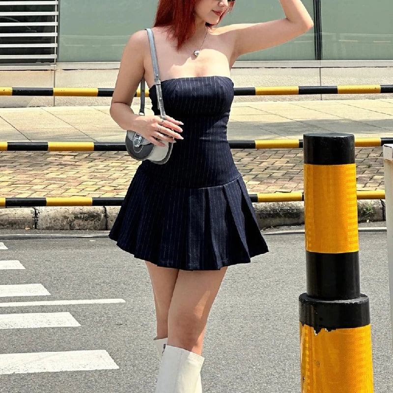 Blue A-line Pleated Slim Mini Dress