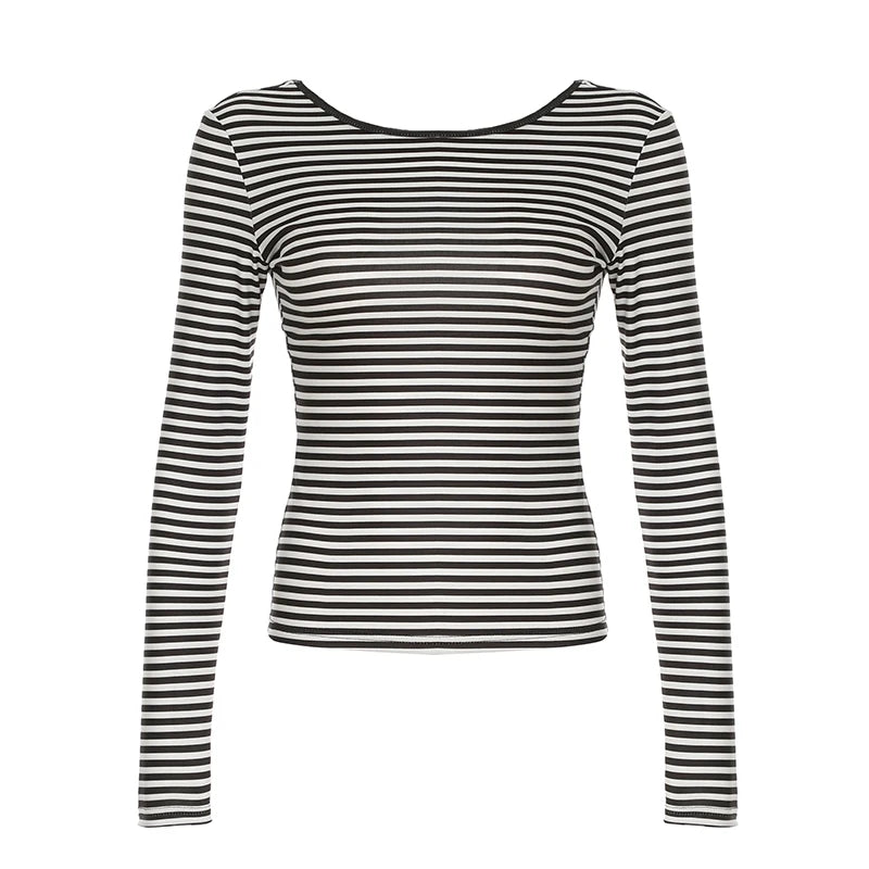 Backless Striped Print Slim Tee Shirts Long Sleeves Tees