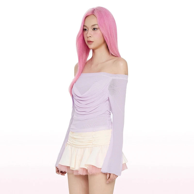 Looe Long Sleeve Meh One-Shoulder Top Light Slightly Tranparent Slim Pure Deire Wind Top