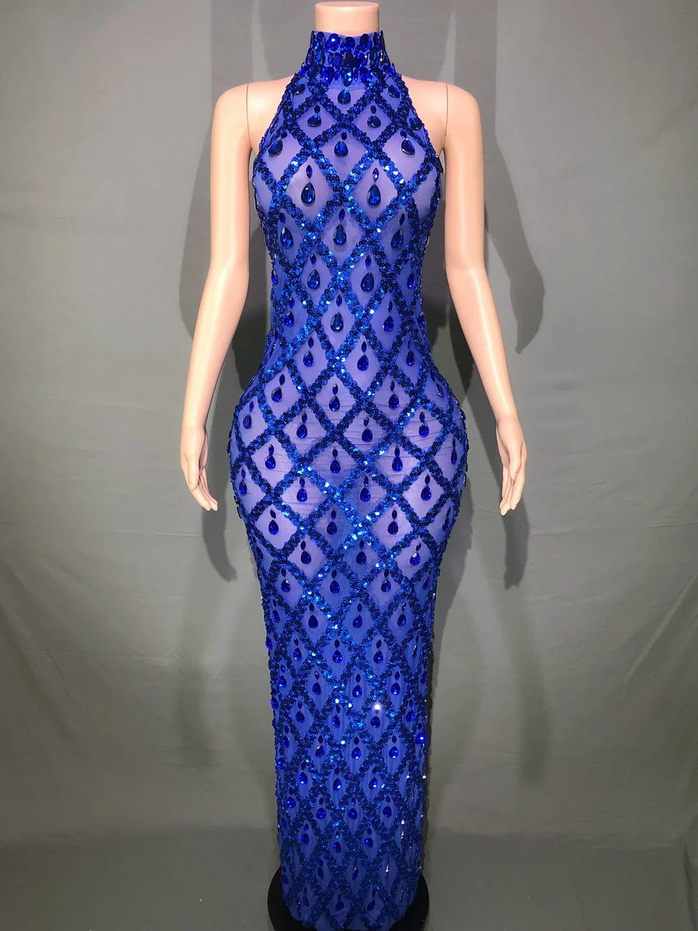 Sparkly Rhinestones Sleeveless Long Dress Dark Mesh Celebrate Wedding Prom Gown Birthday Dress Photograph Wear