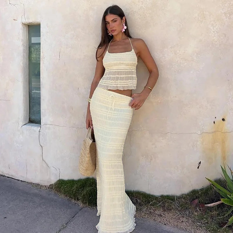 Chiffon Backless Ruched Skirt Suit Apricot Spaghetti Strap Top Long Skirt Slim