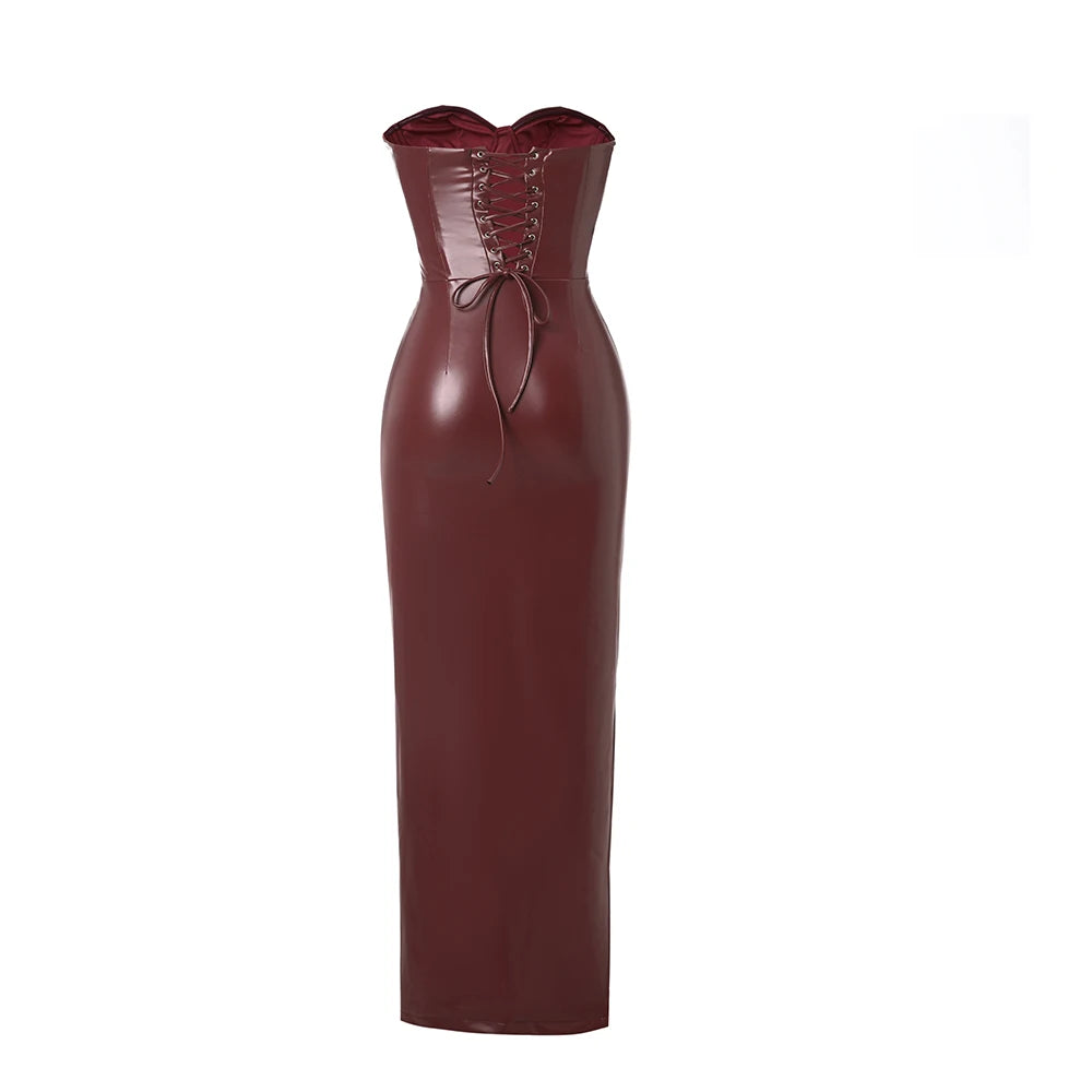 Strapless Dress Wine PU Corset Dress Midi Bodycon Night Event Dress