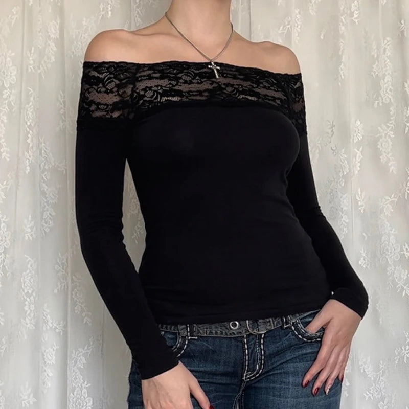 Slash Neck Tshirts Slim Lace Vinatge Long Sleeves Top