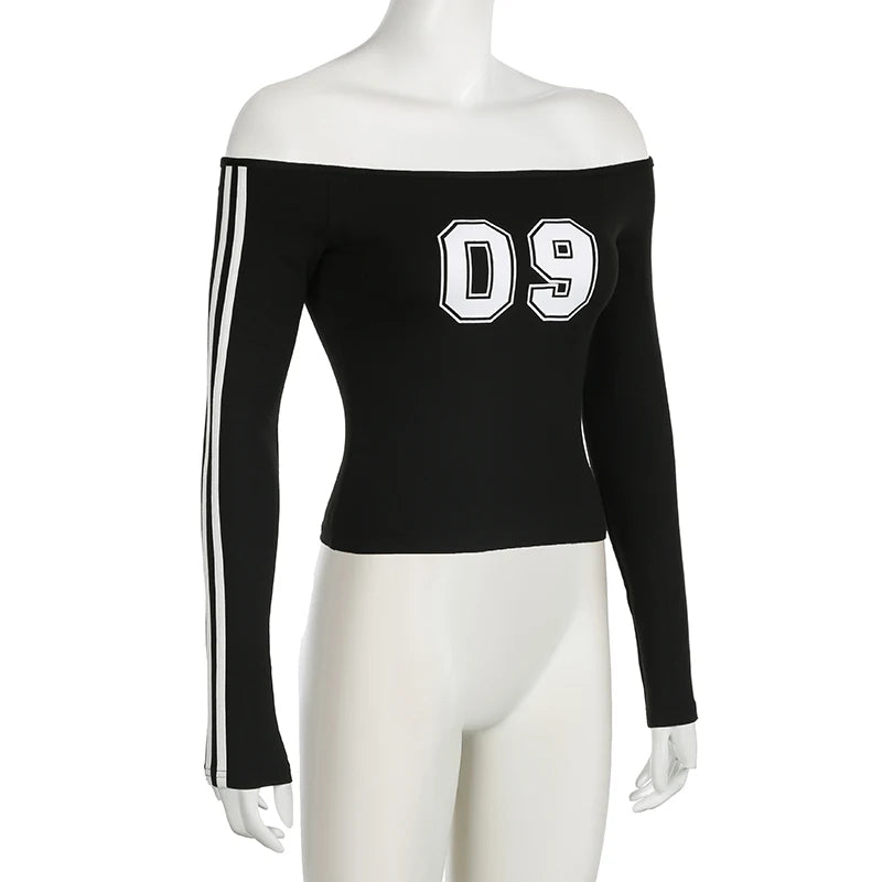 Slash Neck Digital Print Tee Top Striped Patchwork Slim Shirts