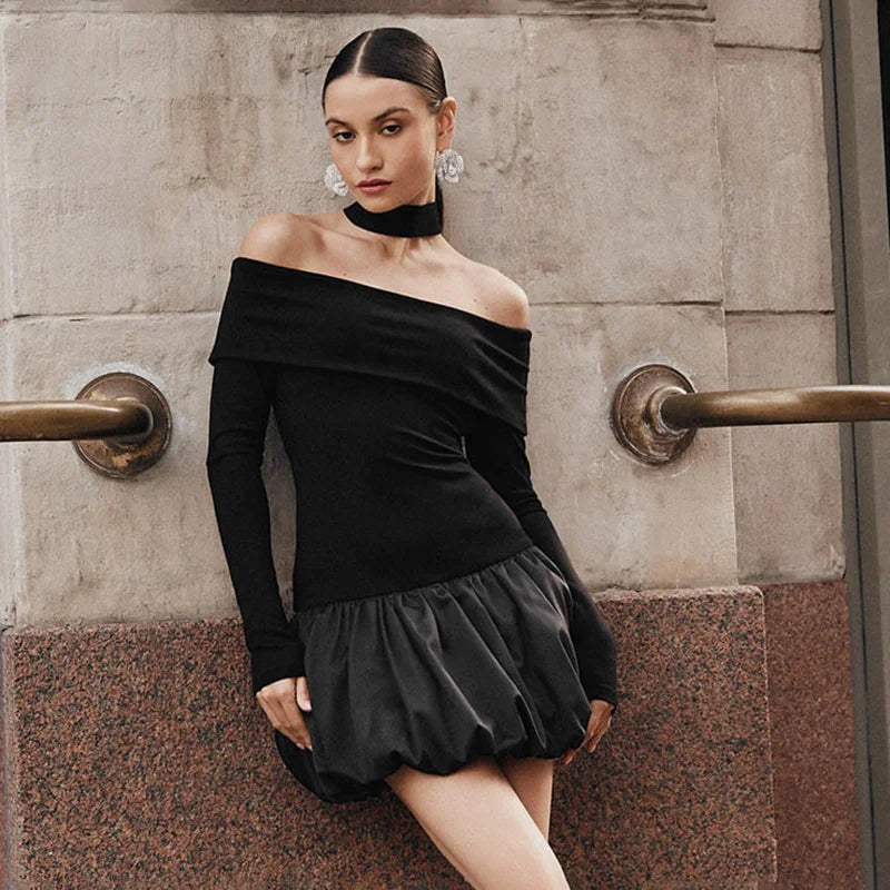 Patchwork Straple Backless Mini Bud Dress Off Shoulder Long Sleeve Skinny Birthday
