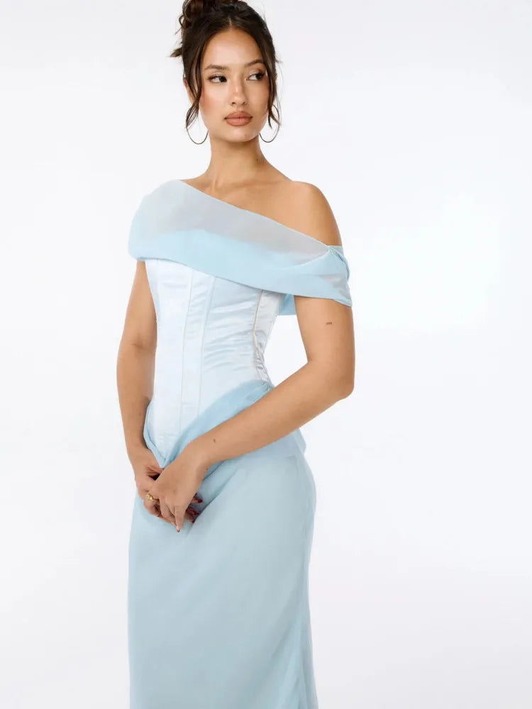 Blue Mesh Backless Bodycon Maxi Dress