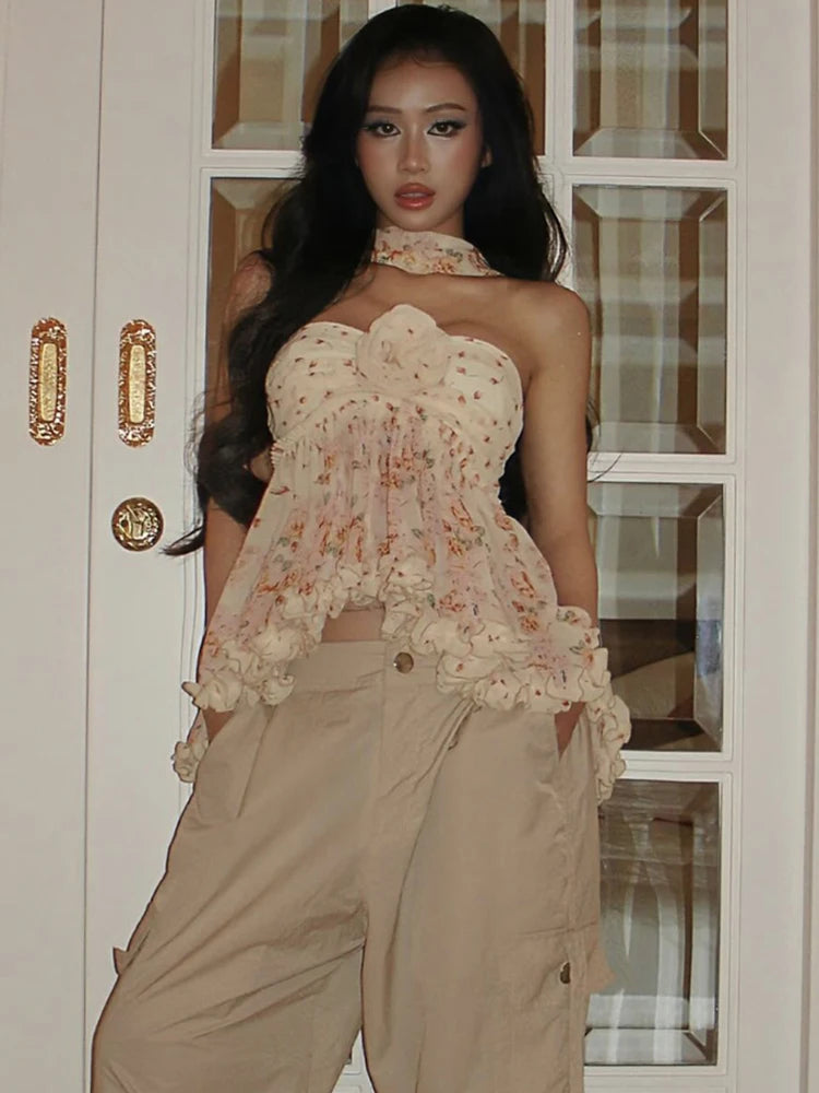 Patchwork Sweet Wrap Top Scarf Floral Ruffles printing Irregular Hem Three-Dimensional Flower Decoration Bandeau